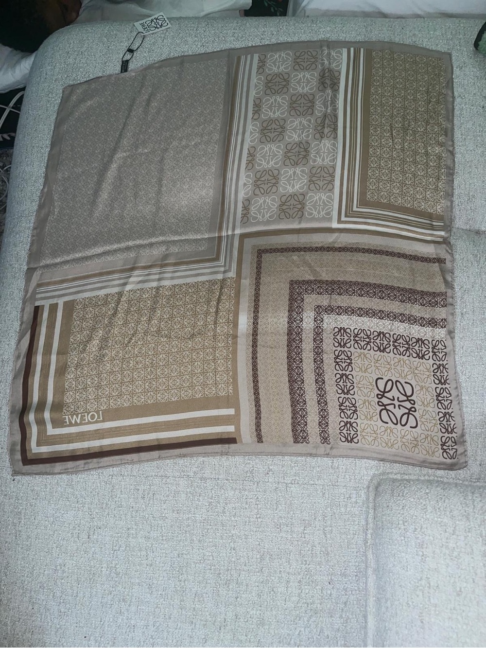 Loewe Neutral Beige and Brown Logo Pattern Silk Scarf